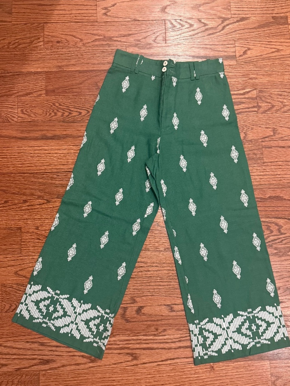 Zara Green Wide Leg Pants Size S Geometric Print High Rise Cropped Boho Trousers